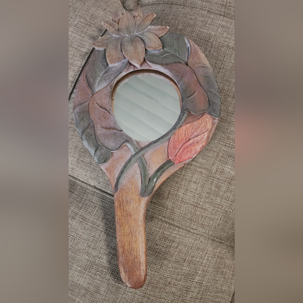 Bonnie Brown Handcrafted Tropical  Floral Wood Hand Mirror